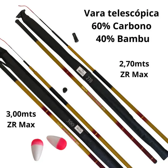 Kit 02 Varas Telescópicas 40% Carbono Bamboo ZR Max 2,70m e 3,00m