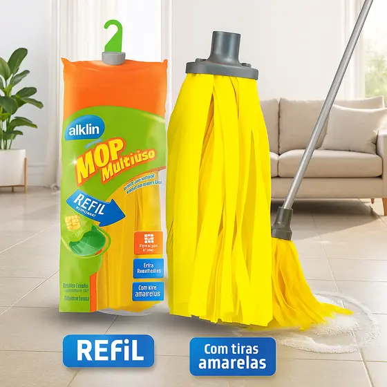 kit 2 Refil Mop Tiras Amarelo Multiuso Limpeza Esfregão Secar Piso Absorvente Extra Banheiro