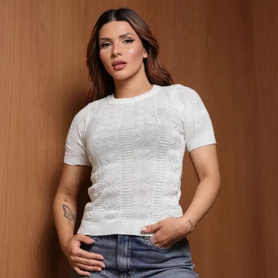 Blusa Tricot Feminina Manga Curta Canelada Ajustada Casual Elegante Tendência Moda Inverno