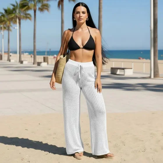 Calça Tricô Saída De Praia Pantalona C/ajuste Canga Piscina Versátil Para Qualquer Estação