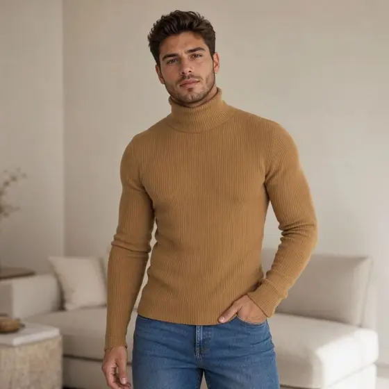 Cacharrel Masculina Gola Alta Suéter Tricô Canelado Blusa Manga Longa Inverno Premium Casaco Casual