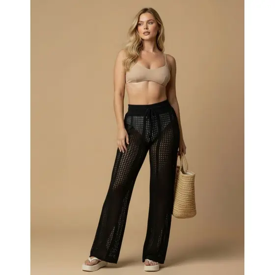 Calça Praia Pantalona Vazada Tricô Saída Praia Moda Verão Cintura Alta Premium Leve Piscina