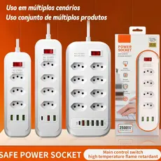 Régua de Energia 2500W Extensão 2M com Tomadas,  Entradas USB e  Tipo-C Multifuncional Bivolt Proteção Casa Office