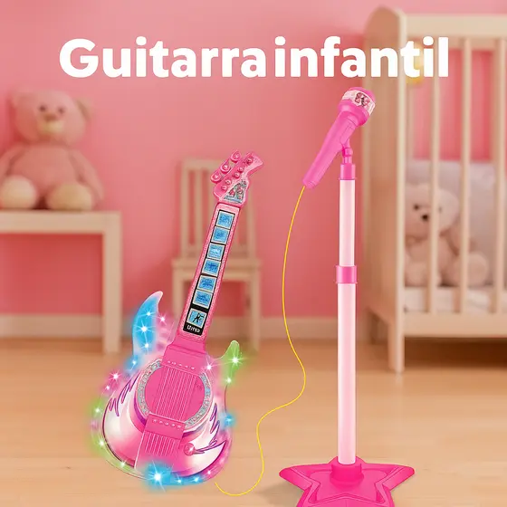 Guitarra Infantil Educativa com Microfone e Pedestal Conecta Celular Musical com Luz e Som Rosa