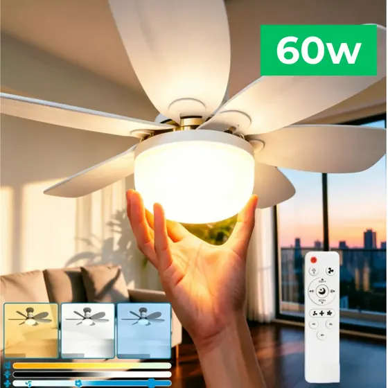 Ventilador Lâmpada LED de Teto 60W Com Controle Remoto Bivolt Silencioso Soquete E27 Potente Casa