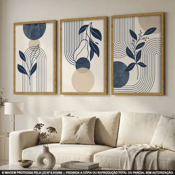 Kit 3 Quadros Decorativos Abstrato Minimalista Moderno | Folhagem Azul Marinho Sala Quarto
