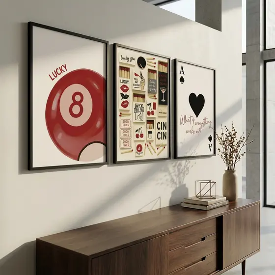Kit 3 Quadros Decorativos Vintage – Bilhar, Bar e Carta de Baralho Retrô
