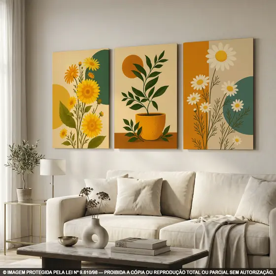 Kit 3 Quadros Decorativos Florais Minimalistas Vasos com Plantas MDF Parede Sala Quarto