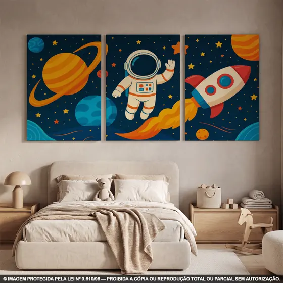 Kit 3 Quadros Decorativos Infantis Espaço | Astronauta, Foguete e Planetas Coloridos