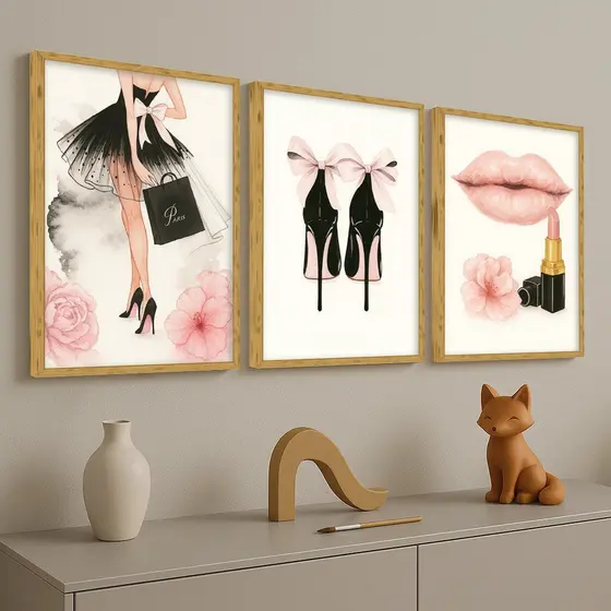 Kit 3 Quadros Decorativos Femininos Rosa Glamour | Batom Óculos Buquê Laço Quarto Menina Beleza