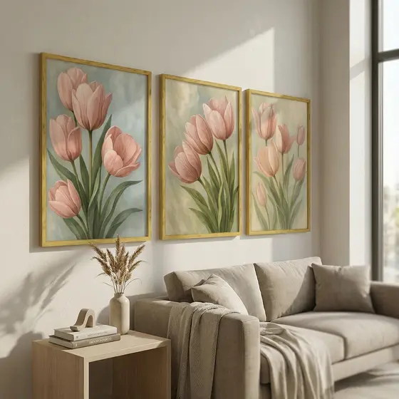 Kit 3 Quadros Floral Variados | Florais Elegantes Clássico Sala Quarto | Quadros Decorativos em MDF
