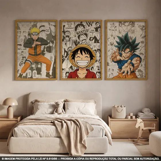Kit 3 Peças Quadros Decorativos Animes – Naruto, One Piece e Dragon Ball