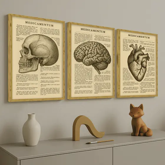 Kit 3 Peças Quadro Decorativo Vintage Anatômicos – Crânio, Cérebro e Coração