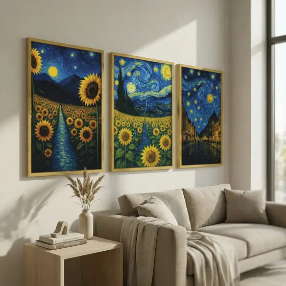 Kit 3 Quadros Decorativos Van Gogh Estilo Noite Estrelada | Girassóis Colorido Sala Quarto