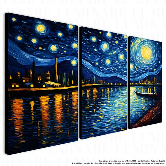 Quadro Decorativo 3 Peças Van Gogh Noite Estrelada Em MDF Para Sala Quarto e Escritório