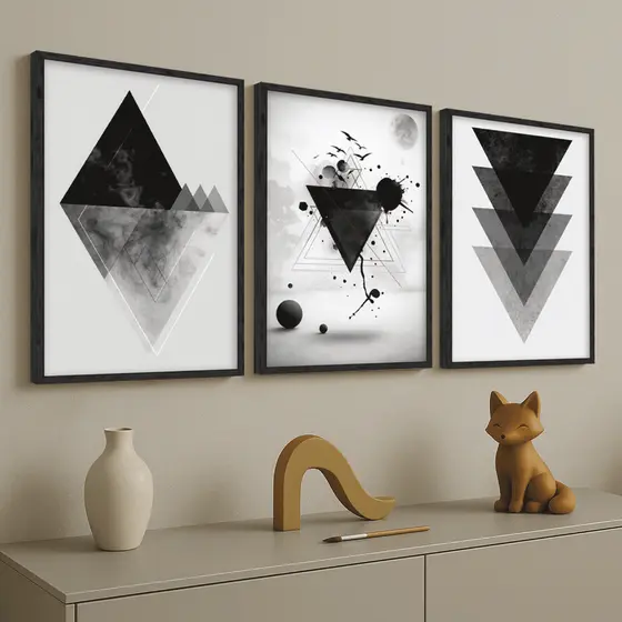 Kit 3 Quadros Decorativos Abstrato Geométrico Preto e Branco | Minimalista Moderno Sala Quarto