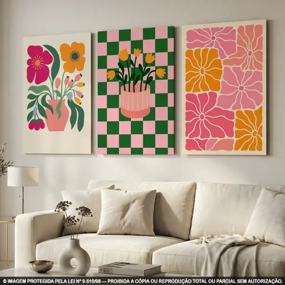 Quadro Decorativo Arte Moderna Abstrata Floral Minimalista Retrô | Kit 3 Peças em MDF