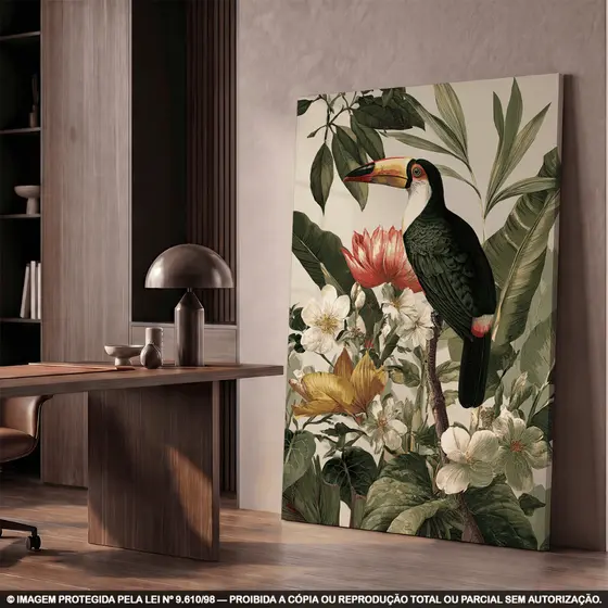 Quadro Decorativo Tucano Tropical Floral Borda Infinita Premium