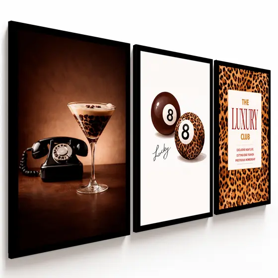 Kit 3 Peças Quadros Decorativos Luxo Animal Print – Lucky 8, Poder & Estilo em MDF
