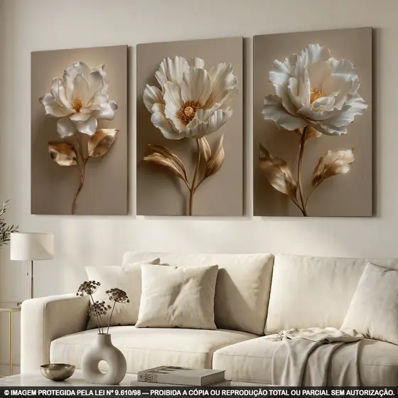 Quadros Decorativos Floral Premium Bege Dourado Sofisticado Parede