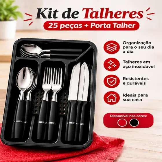 Jogo De Talheres 25 Peças Aço Inox Com Organizador Porta Talheres Cozinha Completo