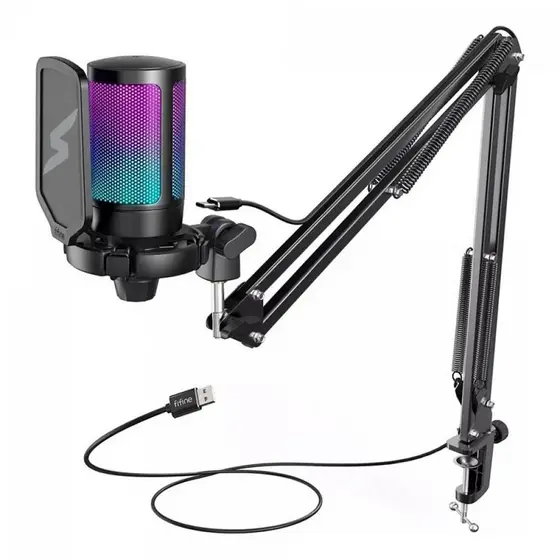 Microfone Gamer Fifine SuperFrame Edition SFM1 RGB USB Black Com Braço Articulado