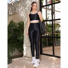Conjunto Fitness Feminino Canelado  Calça + top sem transparência  cós alto