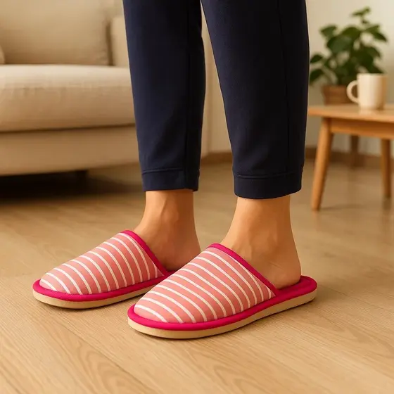 Pantufa Feminina Listrada Pink Pelúcia Inverno Quentinha Macia Conforto Antiderrapante Calçado