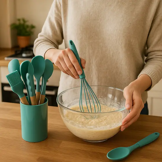 Conjunto Utensílios Cozinha 8 Peças Silicone Espátula Concha Colher Pegador Pincel Fouet