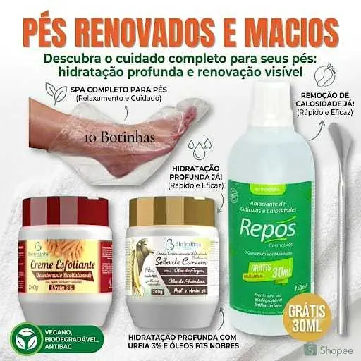 🦶 KIT SPA DOS PÉS COMPLETO | Amaciante de Calosidades Repos 150ml + 2 Cremes com Ureia + 10 Botinhas + Espátula 222