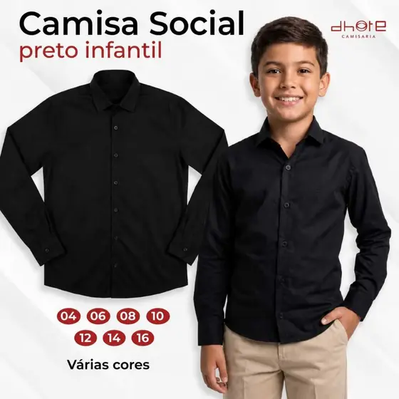 Camisa Social Infantil Preta de Botão Manga Longa Menino Tamanhos 4 6 8 10 12 14 16 anos