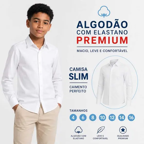 Camisa Social Infantil e Juvenil Manga Longa Luxo Algodão