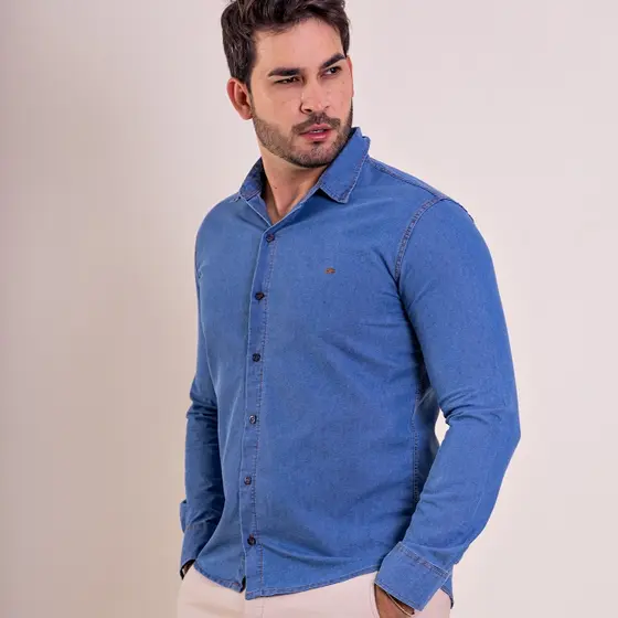 Camisa Social Masculina Jeans de botão Slim Fit Moda Confortável