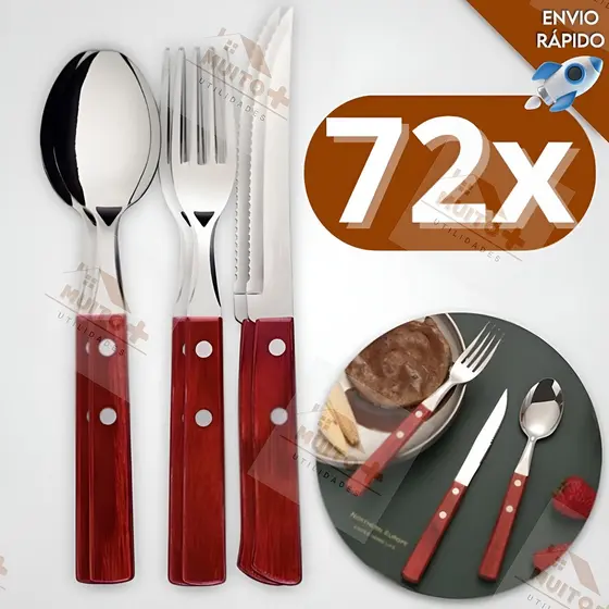 Faqueiro Jogo de Talheres Faqueiro Cabo Madeira 72 peças Aço Inox 24 Facas 24 Garfos e 24 Colheres de Mesa