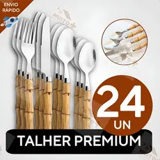 Jogo de Talheres 24 Peças Facas Garfos Colher e Colheres de Sobremesa Em Aço Inox de Cabo Plástico Bambu