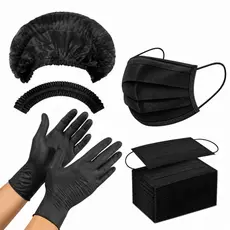 Kit 150 Mascaras Descartável Preta + 100 Luvas Nitrilica Preta + 100 Toucas TNT Preta Descartável