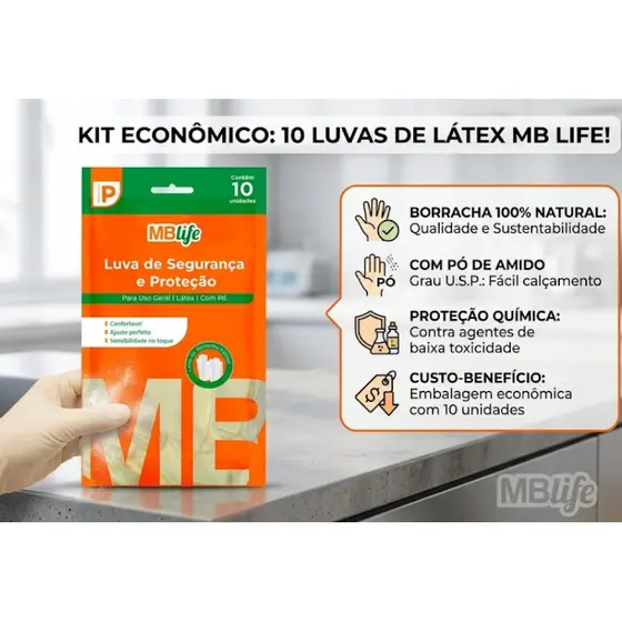 Luva Látex Descartável com Pó Uso Geral Pacote c/ 10 unidades