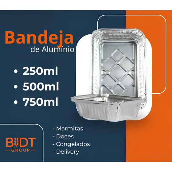 100 Bandejaa Marmita Retangular de Alumínio C/ Tampa de Papelão Laminado 250ml/500ml/750ml Quentex