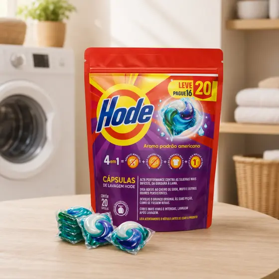 Kit Até 60 Cápsulas Lava Roupas Hode 4 em 1 Detergente Amaciante Removedor Manchas Com Aroma Suave