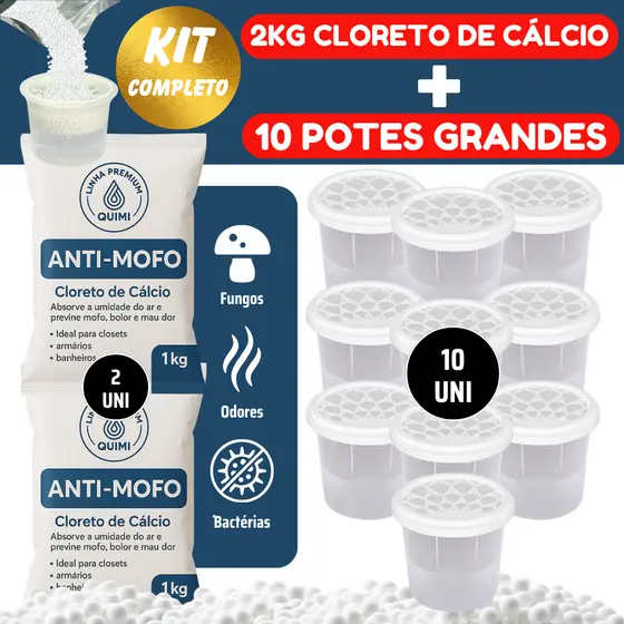 Kit Cloreto de Cálcio PREMIUM + Potes Grandes Refil Anti Mofo Granulado Bolinhas Guarda Roupa Armari
