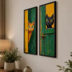 Kit 2 Quadros Decorativos Gatos Espiando pela Porta  Decoração Criativa Gatos Espiões