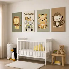 Kit 4 Quadros Decorativos Safari Baby Personalizado Com Nome Brinde Faixa  Adesiva de Parede