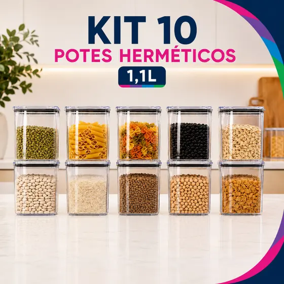 kit 10 potes de 1,1 litros potes herméticos organização alimentos e cozinha