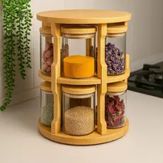 Porta Temperos Condimento Giratório 10 Potes Vidro Tampa Bambu Hermético 250ML Suporte Organizador