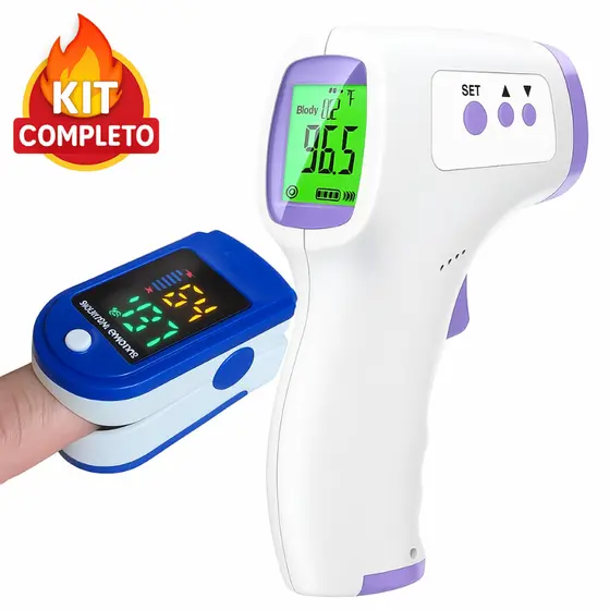2 em 1! Kit Essencial p/ Família: Termômetro Laser p/ Febre e Bebê + Oxímetro Dedo Digital Preciso