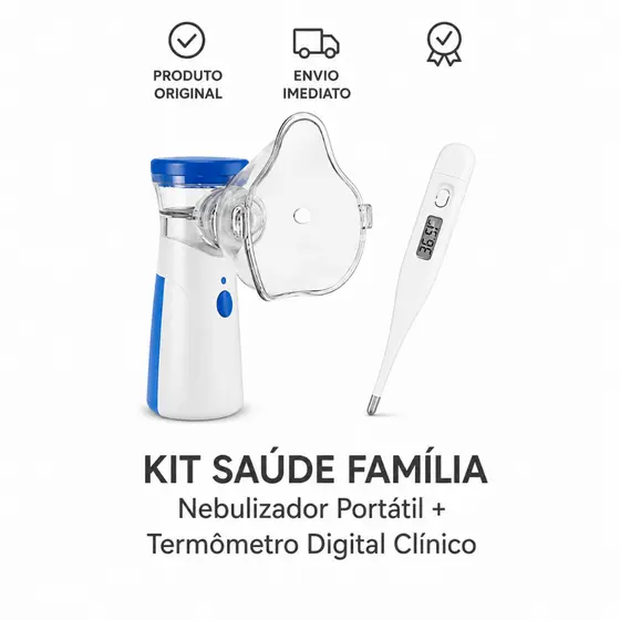 KIT SAÚDE FAMÍLIA: Nebulizador Ultrassônico Mesh Portátil Adulto e Infantil + Termômetro Digital Clinico