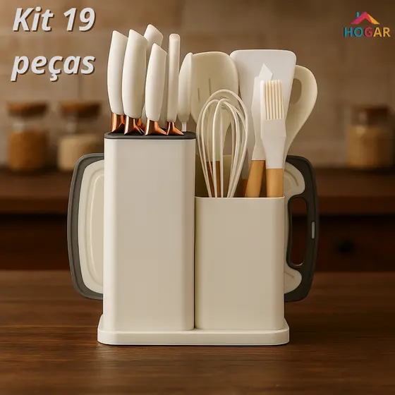 KIT 19 Peças Conjunto de Utensílios de Silicone com Cabo de Madeira e Kit de Facas com Tábua