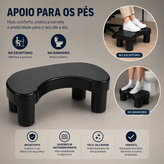 Banquinho Apoio De Pe Banheiro Cocoras Ergonomico Melhora Saude Intestinal Desmontavel Preto
