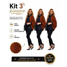 KIT 3 KIMONO CAPA INVERNO FEMININO TRICO PREMIUM LUXO DIA A DIA CONFORTAVEL RENDADO PLUS SIZE