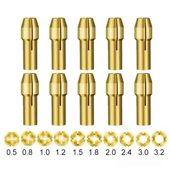 Conjunto de 10 pinças, com tamanhos que variam de 0,5mm a 3,2mm, adequado para micro retificadores.